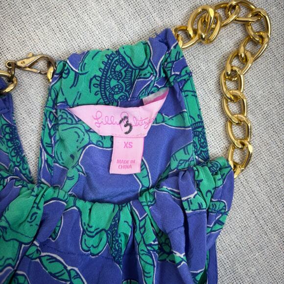 100% Silk XS Lilly Pulitzer Cabana chain halter Iris blue loopy elephants - Picture 6 of 8